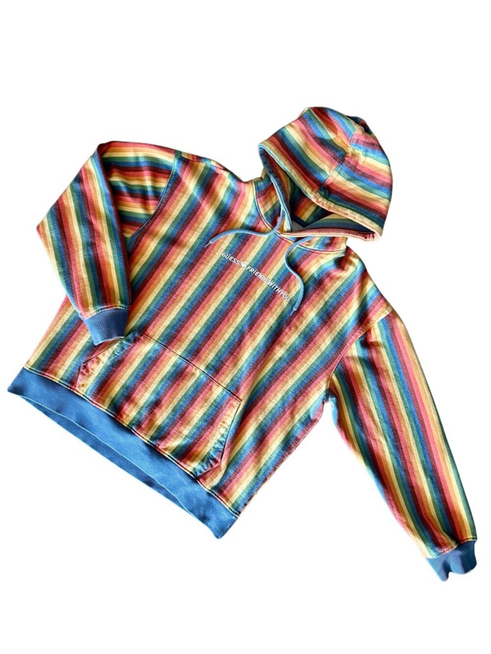 🌈 GUESS x FriendsWithYou Rainbow Stripe Hoodie 100% Cotton Medium